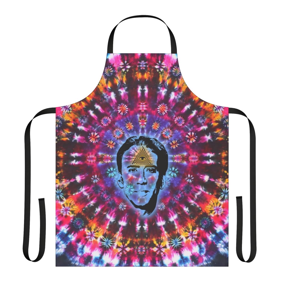 Vibrant tie-dye apron featuring an iconic image of actor Nicolas Cage