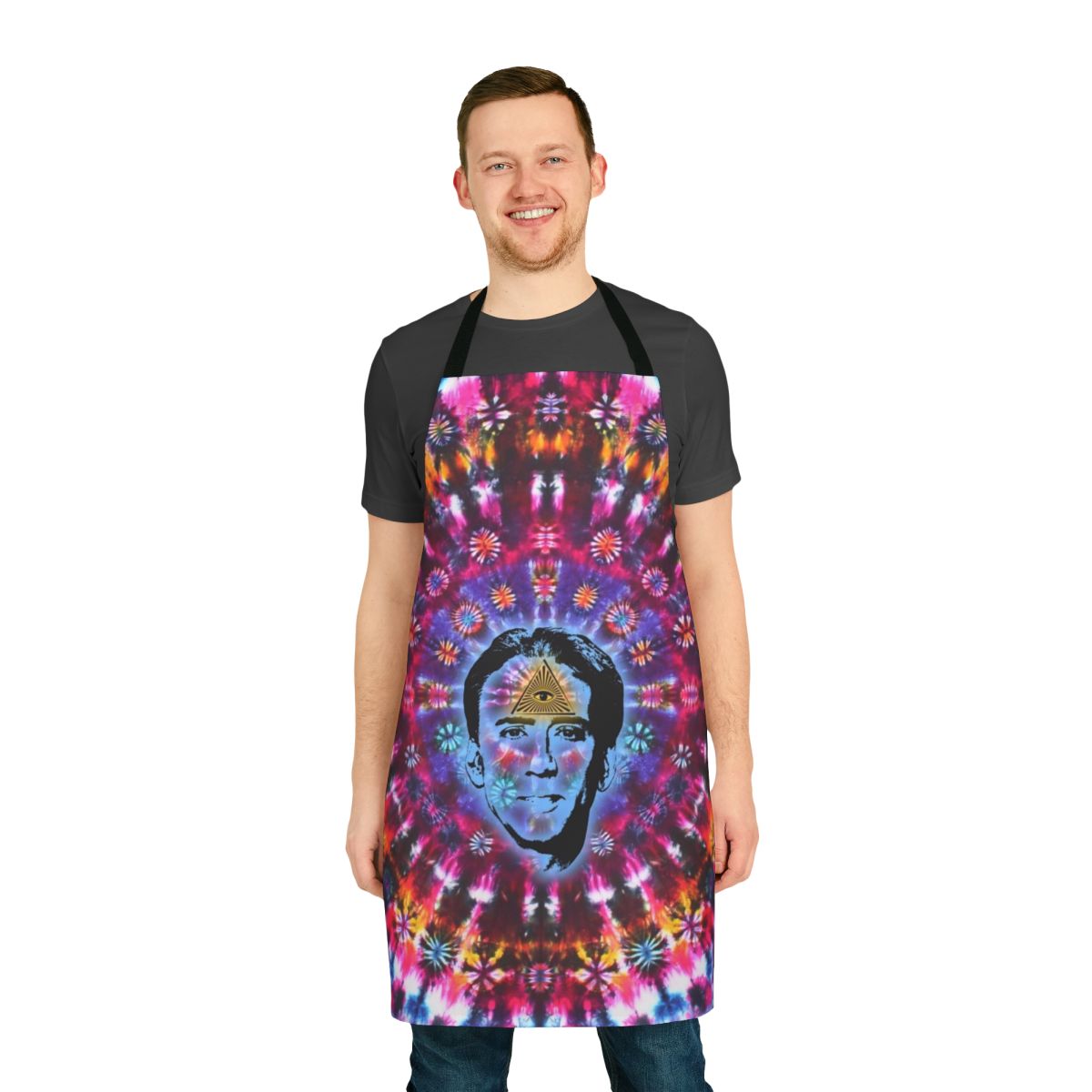 Vibrant tie-dye apron featuring an iconic image of actor Nicolas Cage