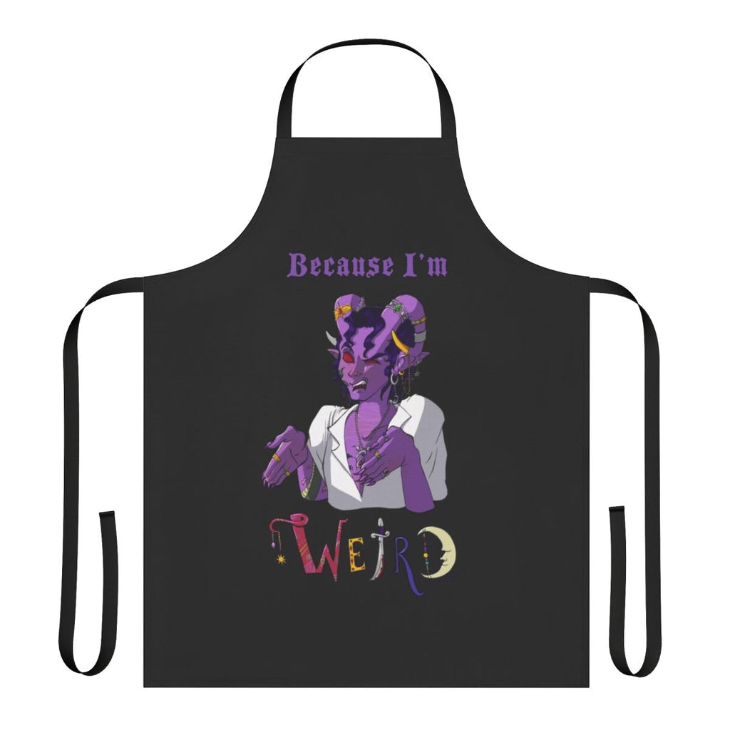 Tiefling bloodhunter-inspired apron with the text "Because I'm Weird"