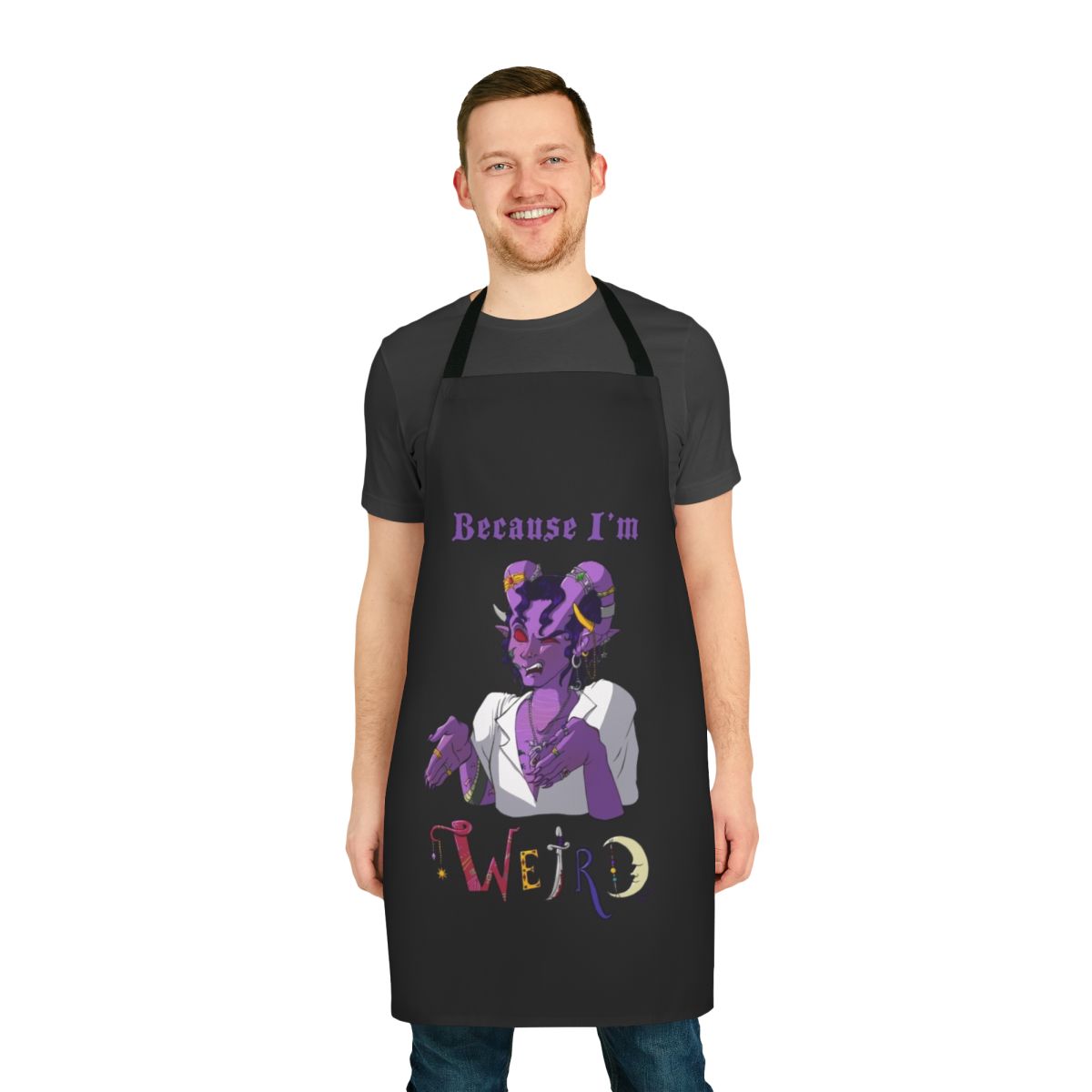 Tiefling bloodhunter-inspired apron with the text "Because I'm Weird"