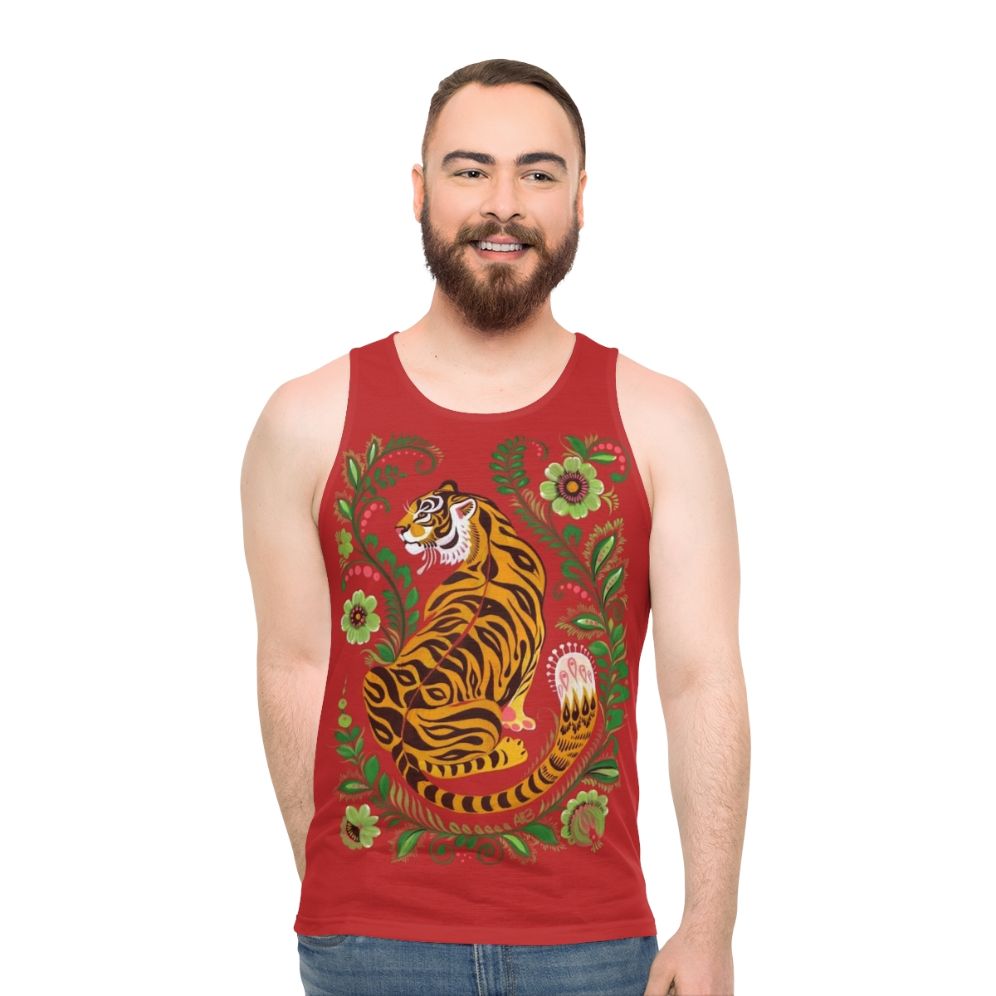 Unisex tank top with vibrant tiger folk art design