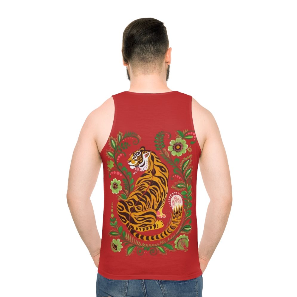 Unisex tank top with vibrant tiger folk art design