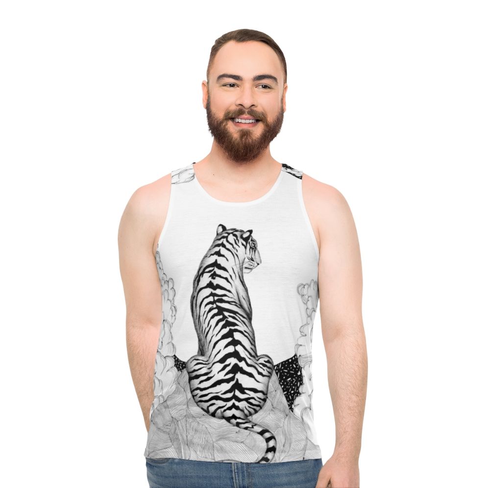 Tiger Moon Unisex Tank Top featuring a mystical tiger and moon illustration