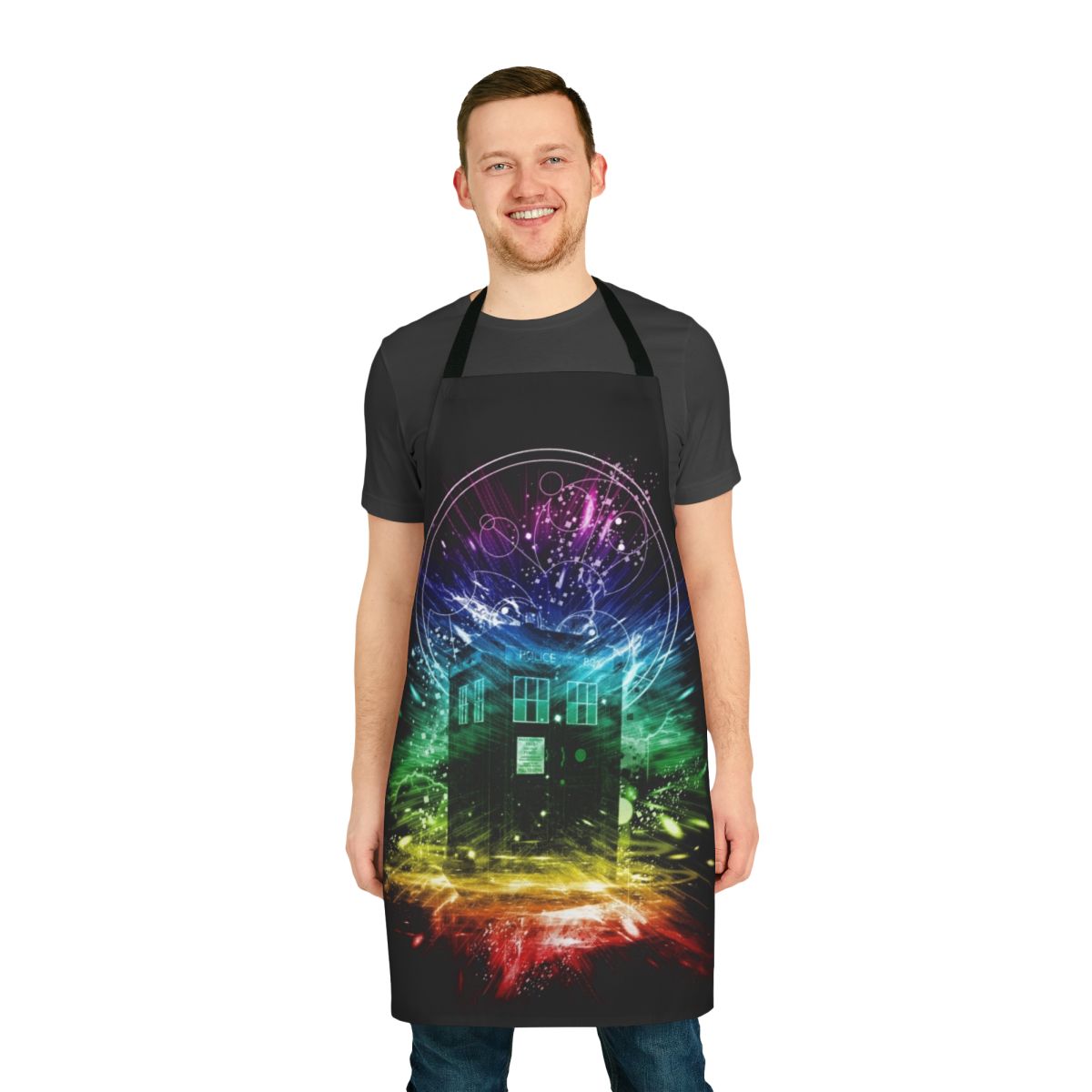 Time Storm Rainbow Themed Apron Featuring Doctor Who Inspired Imagery