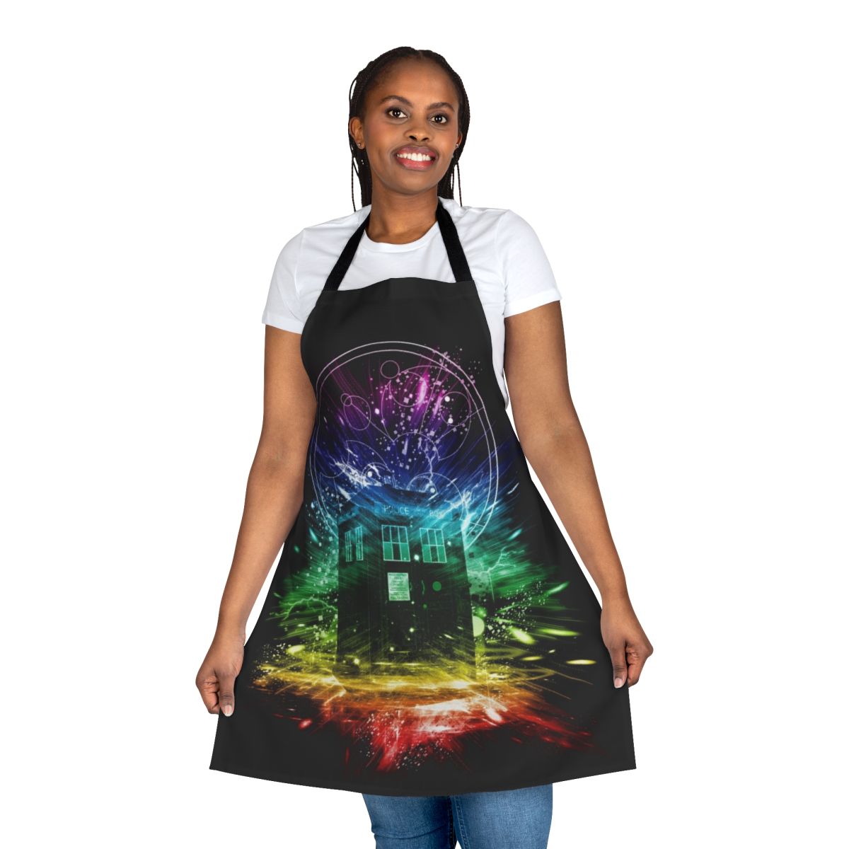 Time Storm Rainbow Themed Apron Featuring Doctor Who Inspired Imagery
