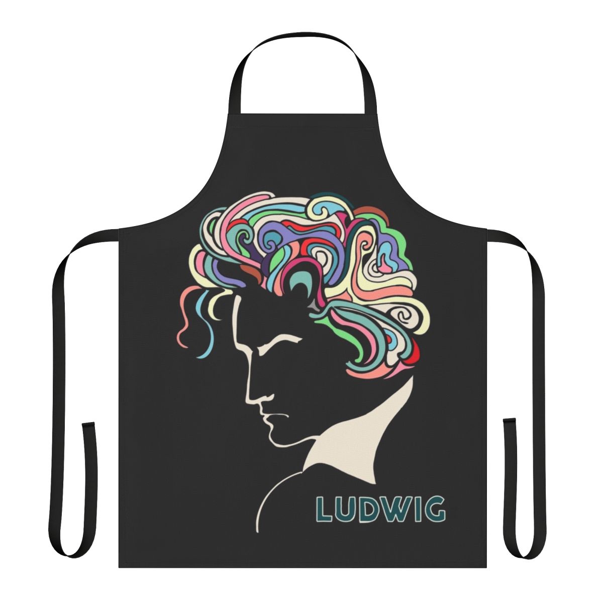 Classical music themed apron featuring Beethoven, Chopin, Bach and other renowned composers and instruments