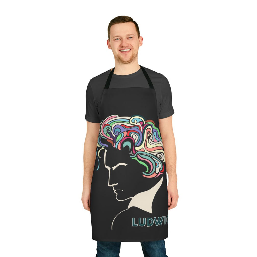 Classical music themed apron featuring Beethoven, Chopin, Bach and other renowned composers and instruments