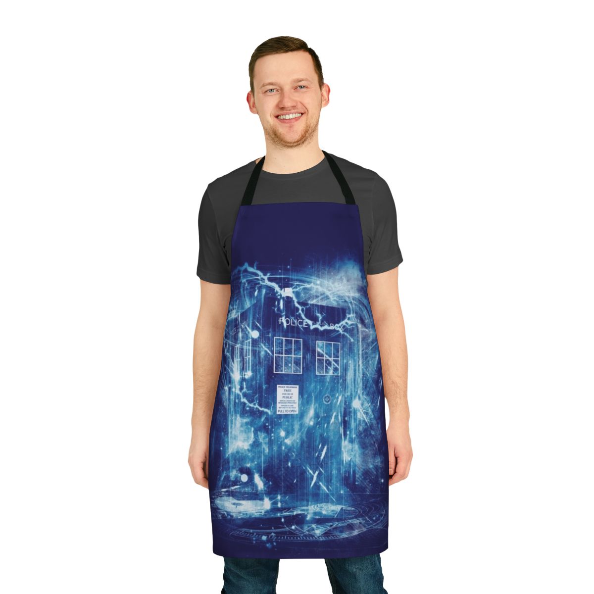 Vibrant time and space-themed apron for Doctor Who fans