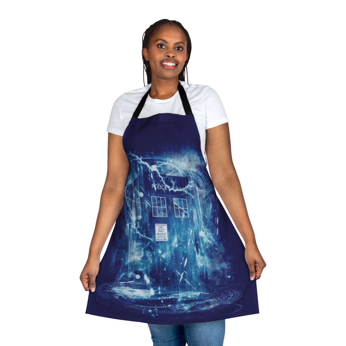 Vibrant time and space-themed apron for Doctor Who fans