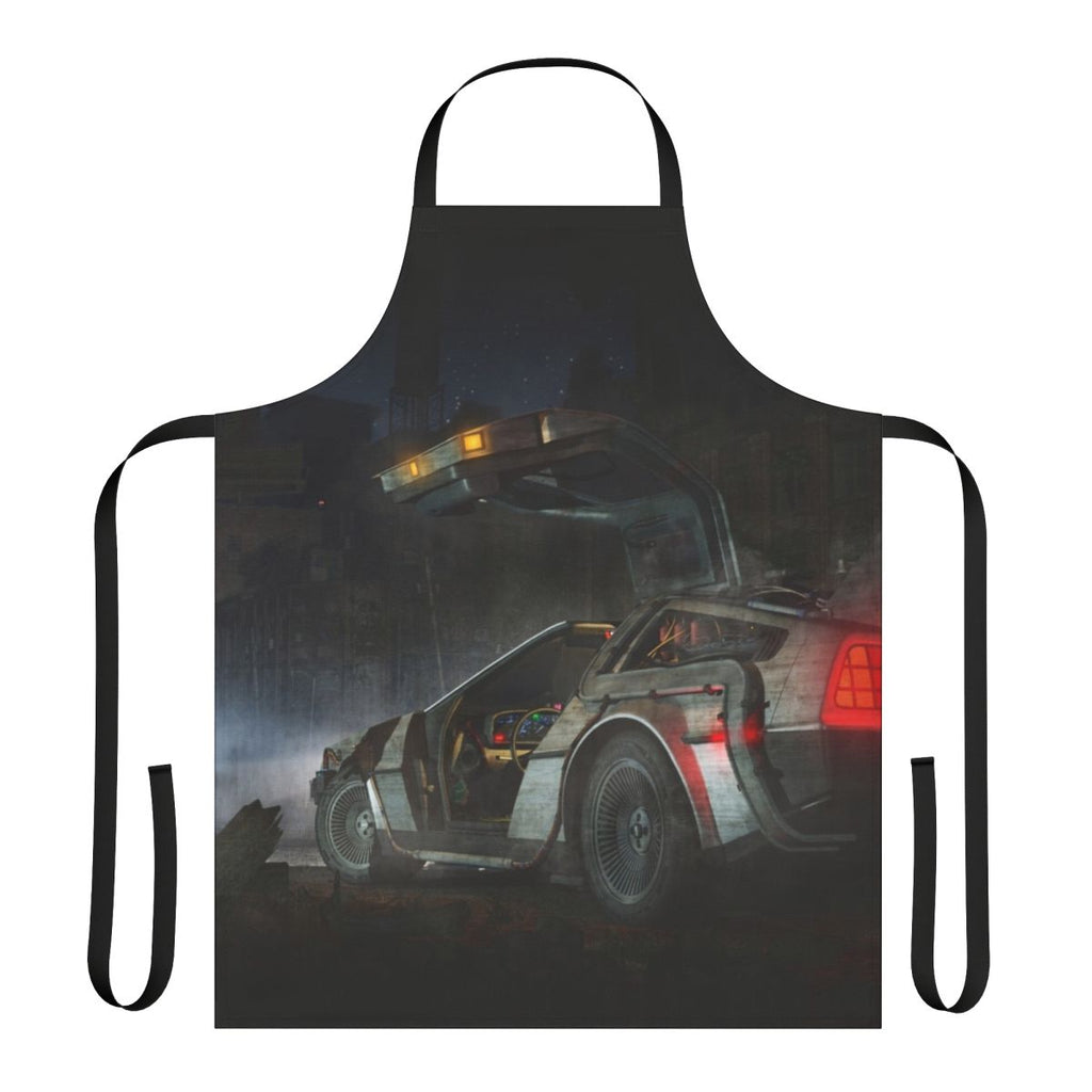 Retro-inspired time travel apron featuring a Delorean design