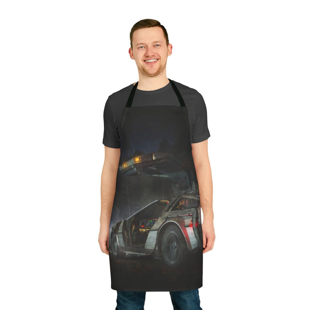 Retro-inspired time travel apron featuring a Delorean design