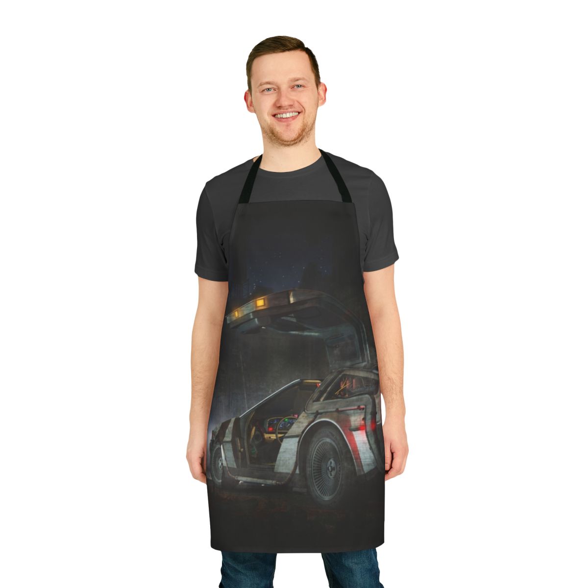 Retro-inspired time travel apron featuring a Delorean design