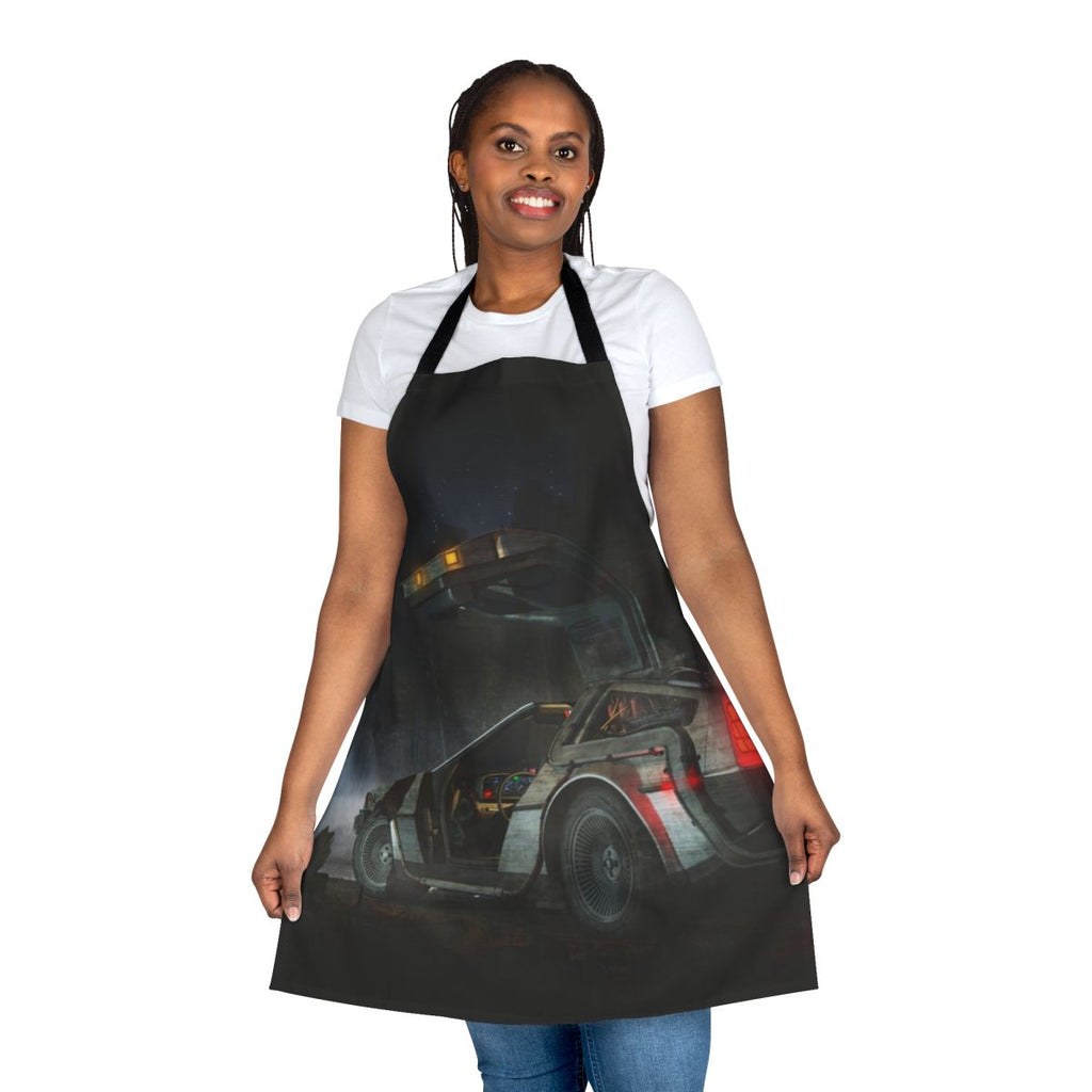 Retro-inspired time travel apron featuring a Delorean design