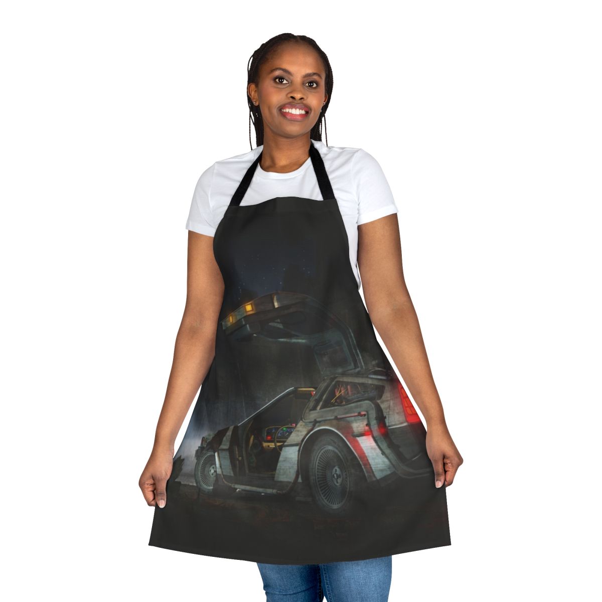 Retro-inspired time travel apron featuring a Delorean design