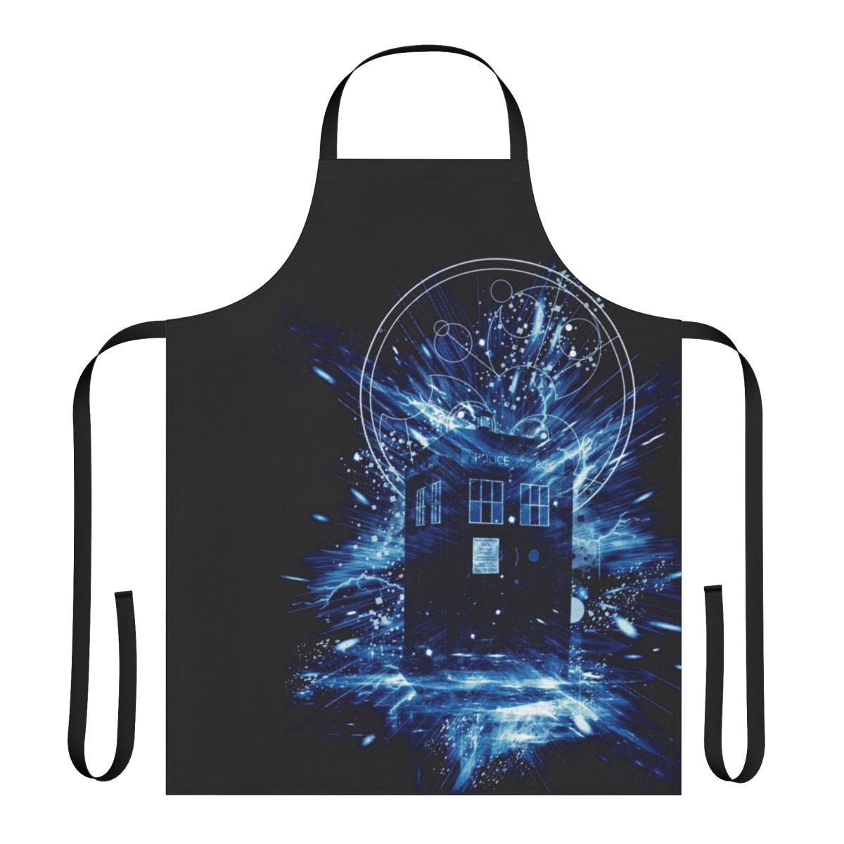 Artistic apron featuring a stylized blue time travel police box, perfect for Doctor Who fans.