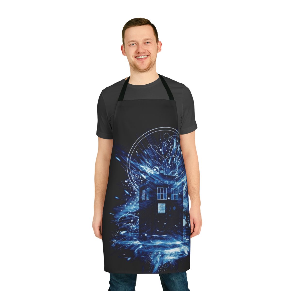 Artistic apron featuring a stylized blue time travel police box, perfect for Doctor Who fans.