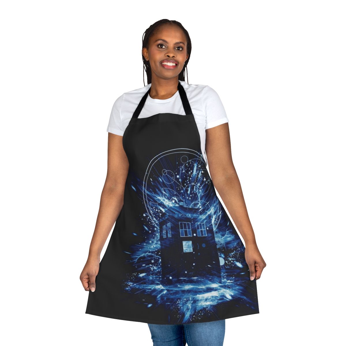 Artistic apron featuring a stylized blue time travel police box, perfect for Doctor Who fans.