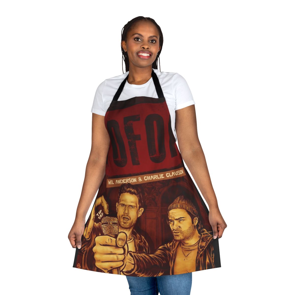 Tofop-inspired apron featuring podcast logo and artwork