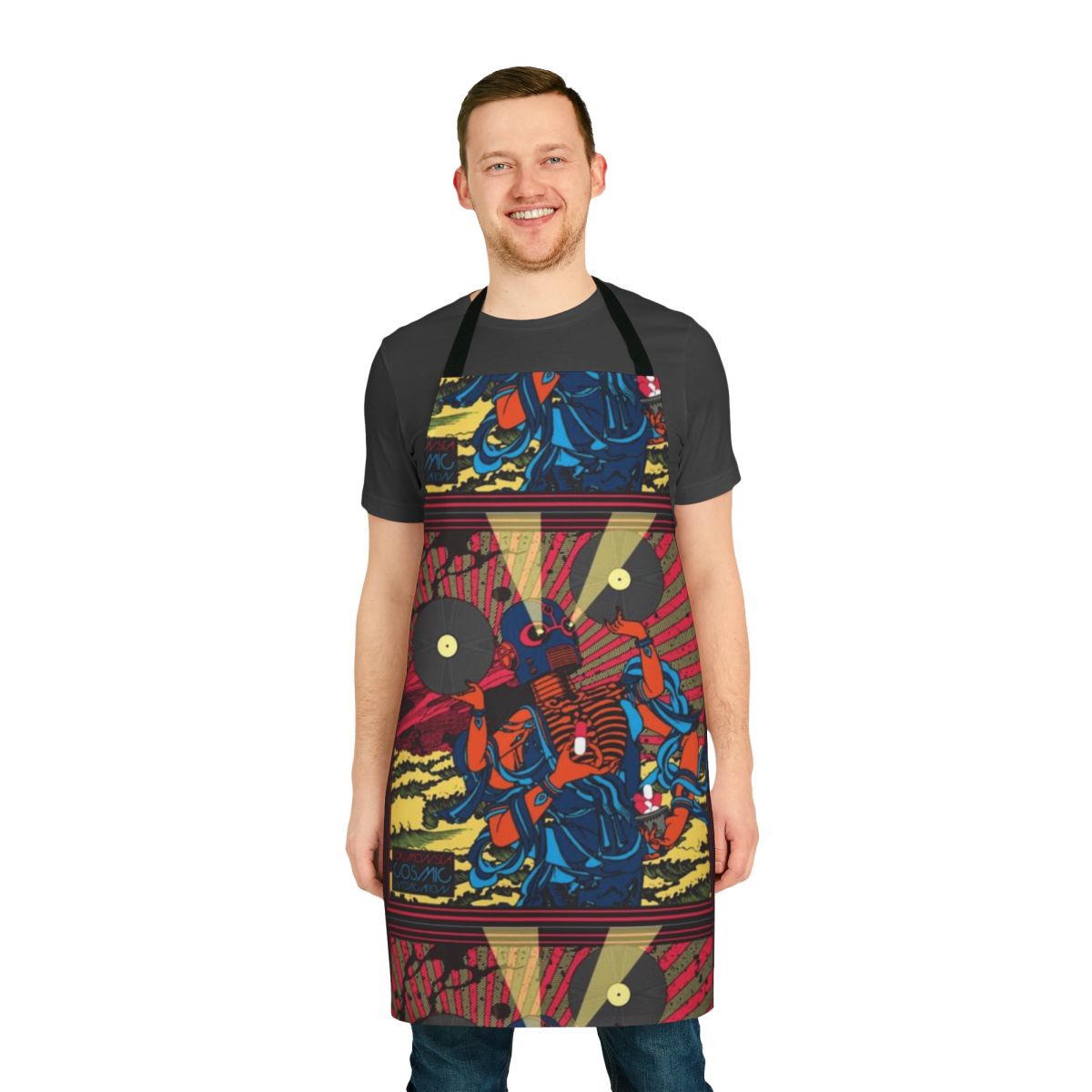 Vibrant and psychedelic Tokimonsta-inspired apron with cosmic, intoxicating design