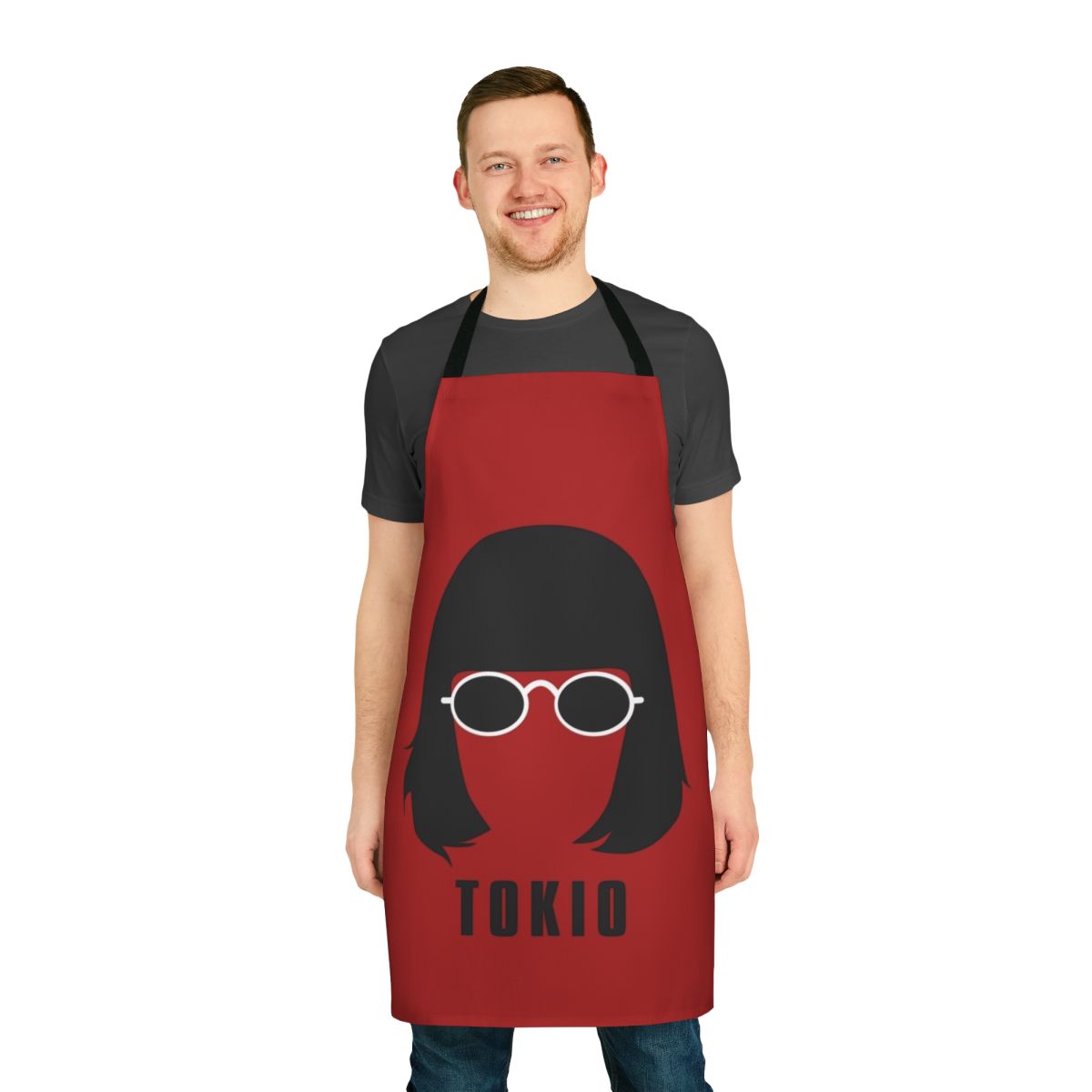 Tokio-inspired apron with iconic money heist characters and symbols