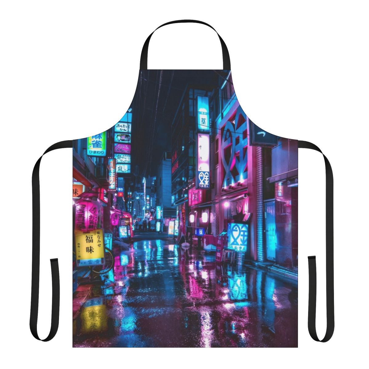 Tokyo cyberpunk night apron with neon lights, urban alley, and futuristic design