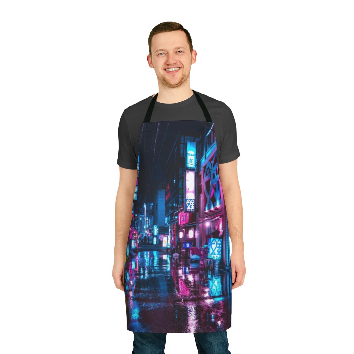 Tokyo cyberpunk night apron with neon lights, urban alley, and futuristic design