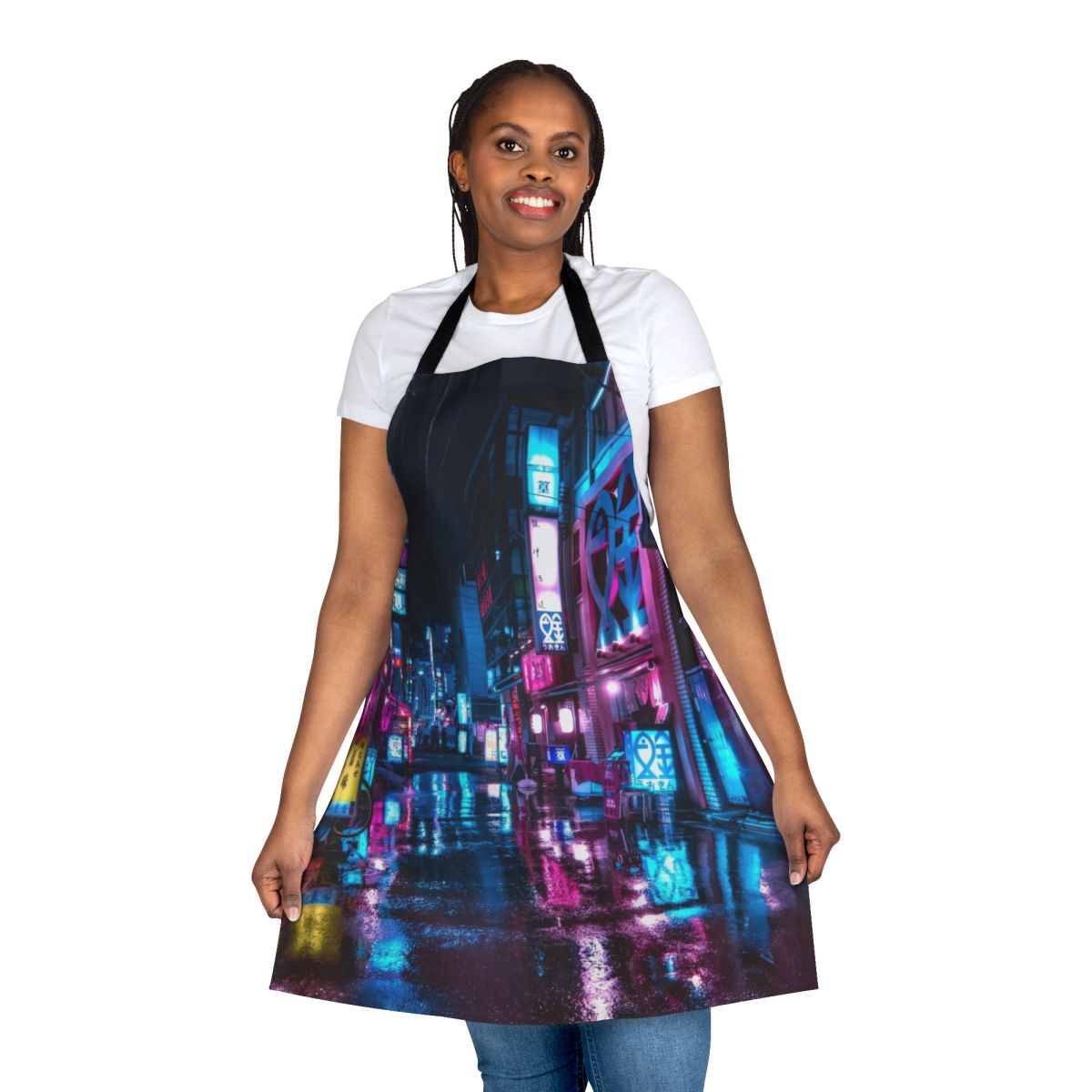 Tokyo cyberpunk night apron with neon lights, urban alley, and futuristic design