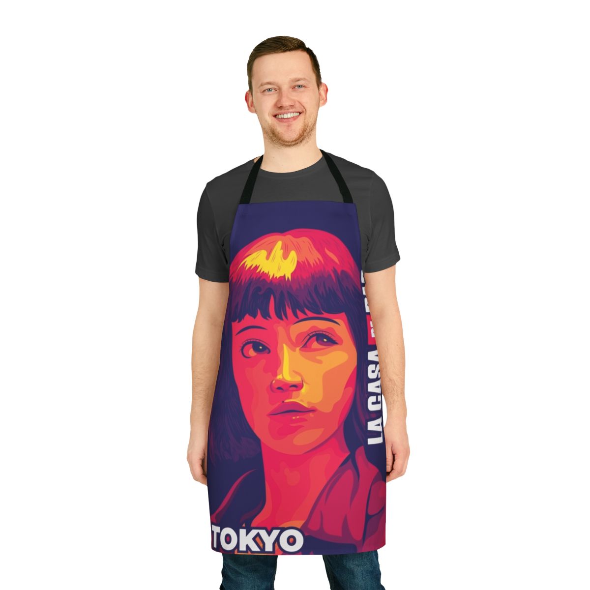 Tokyo-inspired apron with Money Heist (La Casa de Papel) themed design