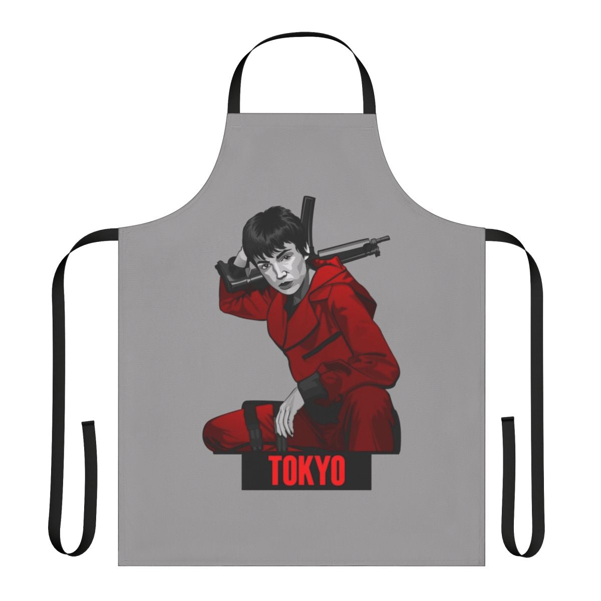 Red and black apron featuring iconic Money Heist characters and imagery