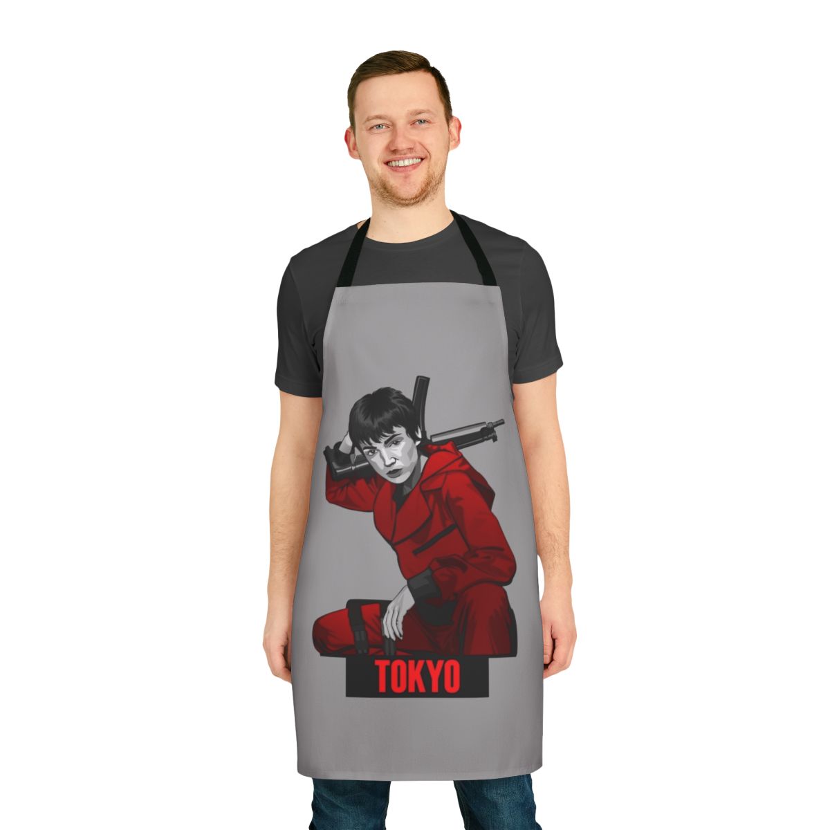 Red and black apron featuring iconic Money Heist characters and imagery