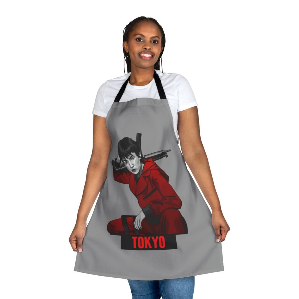 Red and black apron featuring iconic Money Heist characters and imagery