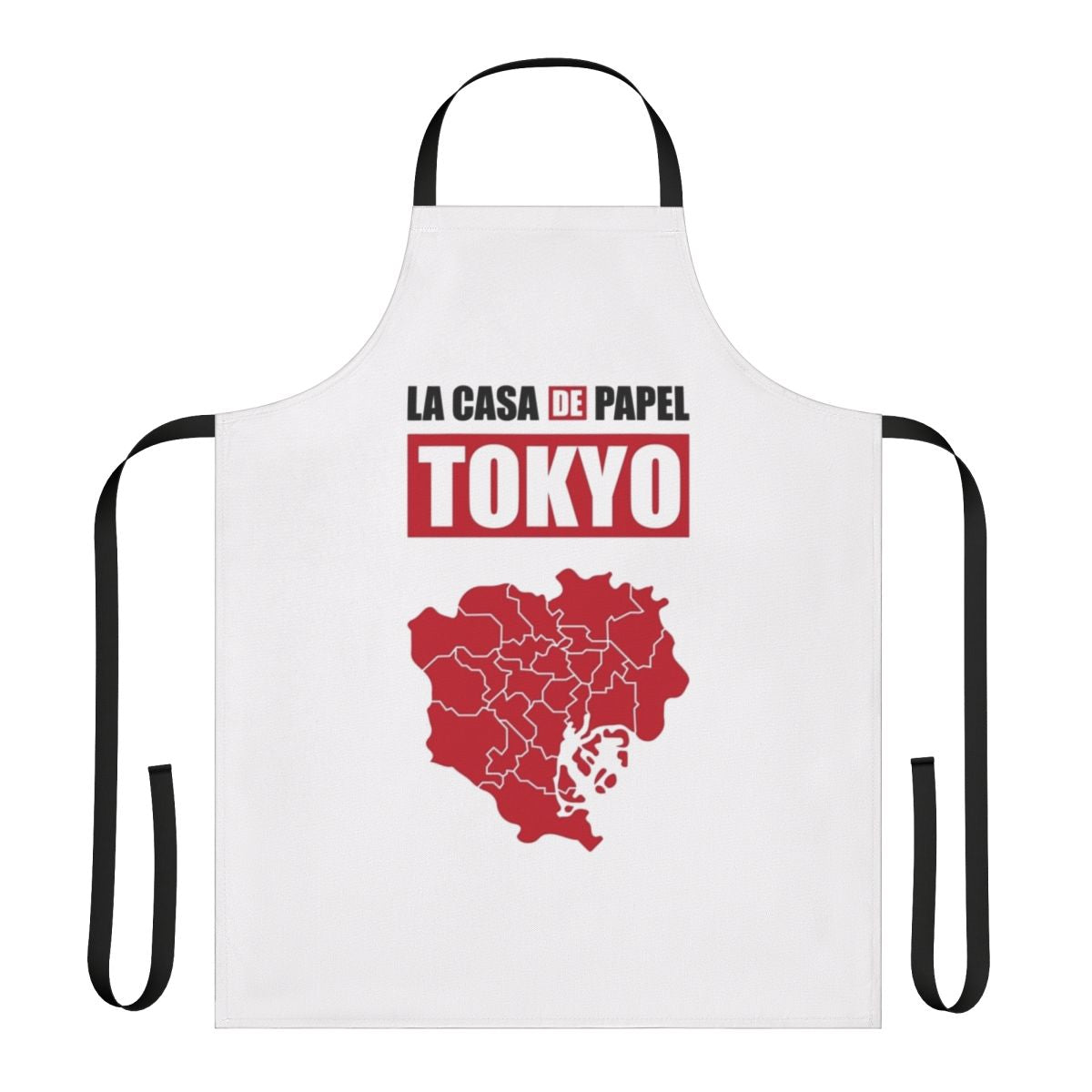 Tokyo-inspired paper house design apron with Money Heist graphics