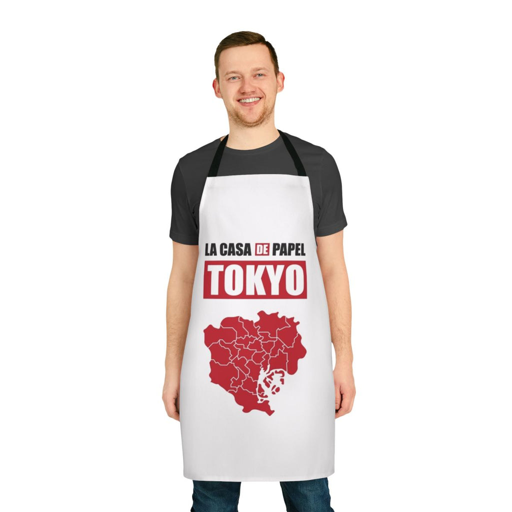 Tokyo-inspired paper house design apron with Money Heist graphics