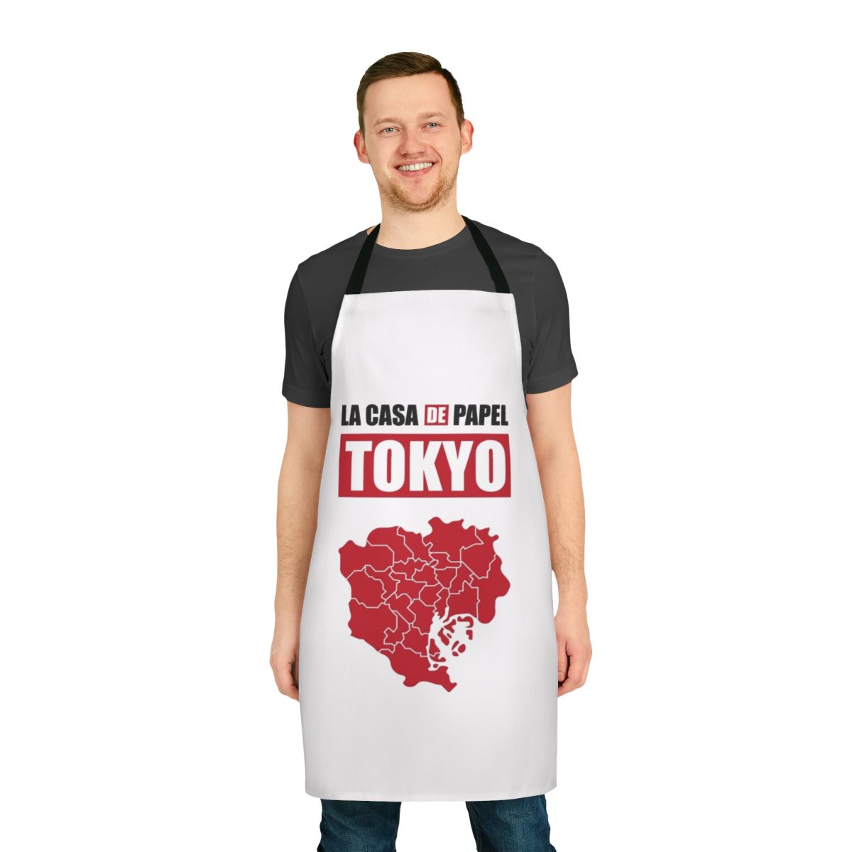 Tokyo-inspired paper house design apron with Money Heist graphics
