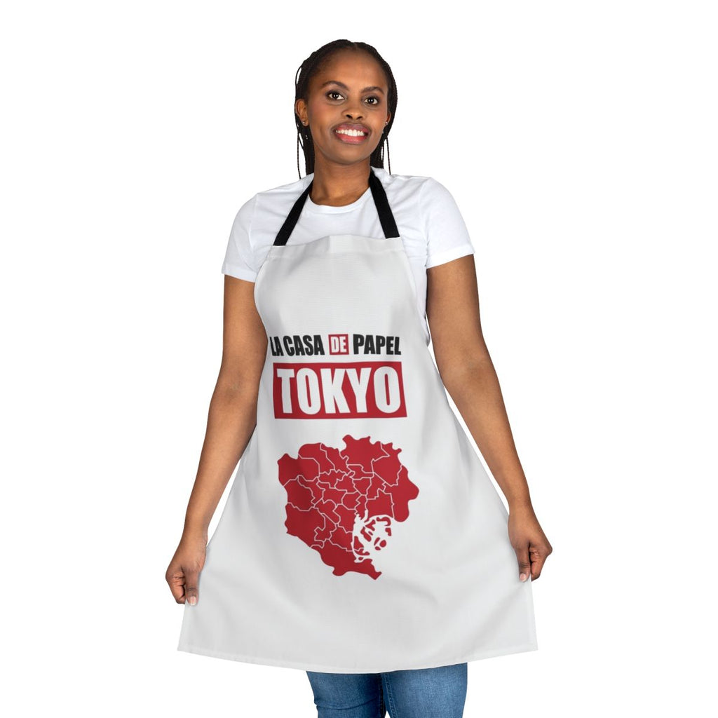Tokyo-inspired paper house design apron with Money Heist graphics