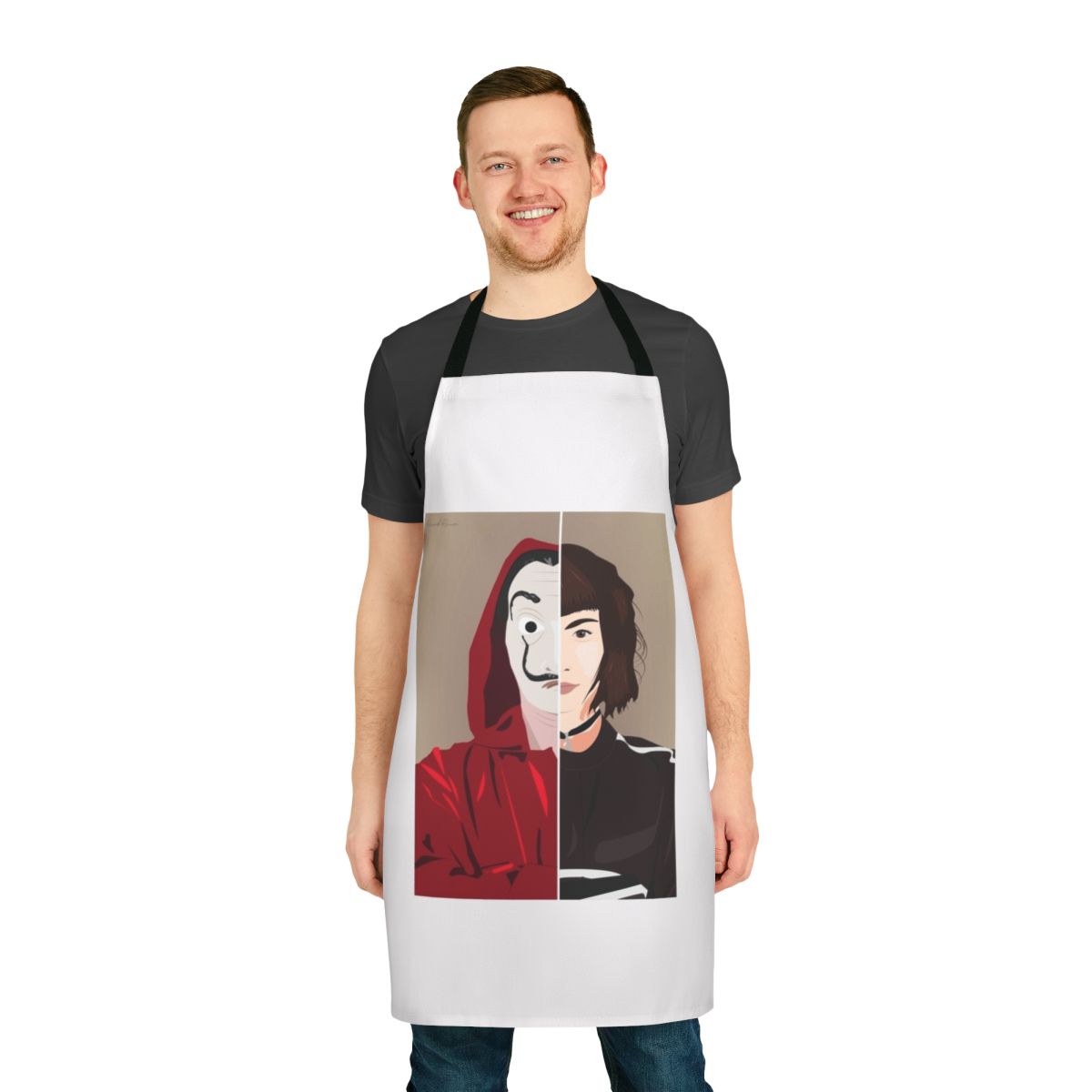 Tokyo Money Heist La Casa de Papel fan art apron featuring Dali mask logo