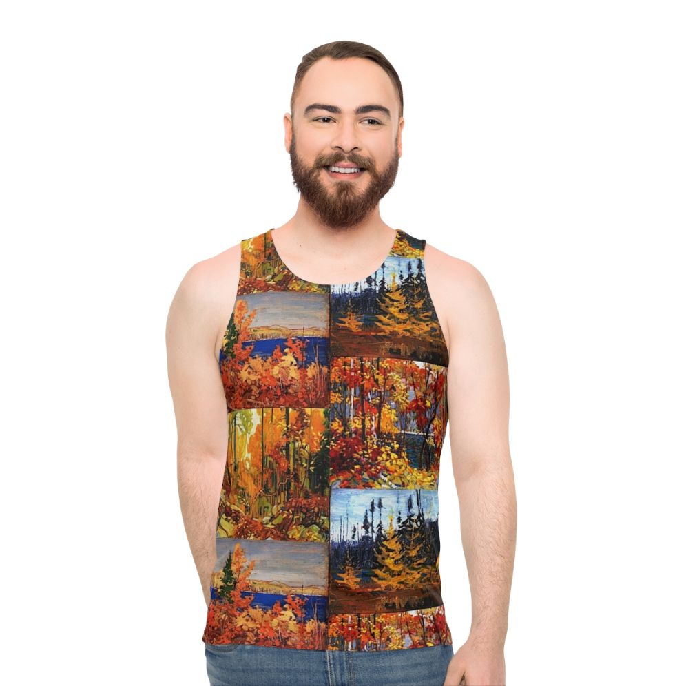 Unisex tank top featuring autumn foliage inspired by Canadian artist Tom Thomson