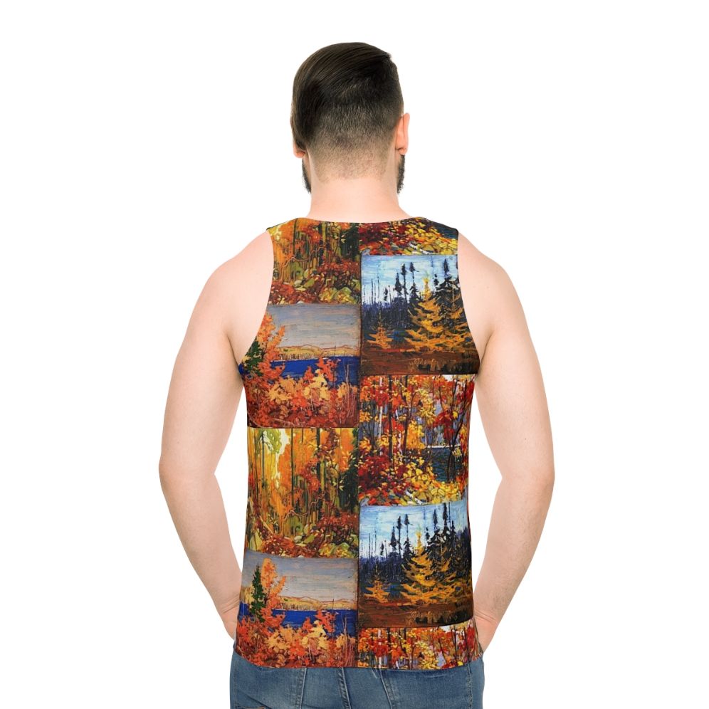 Unisex tank top featuring autumn foliage inspired by Canadian artist Tom Thomson
