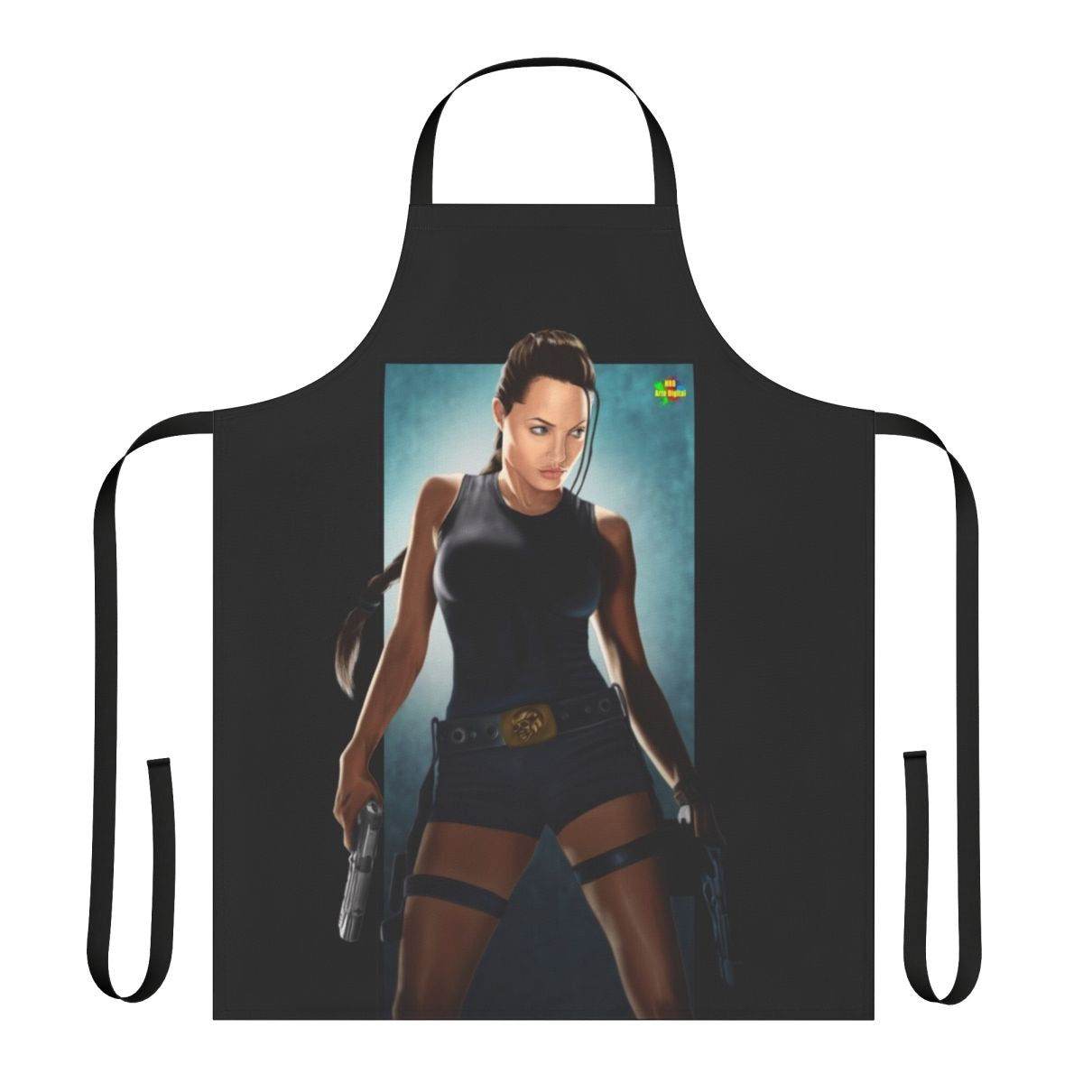 Stylized apron featuring Lara Croft, the iconic video game character from the Tomb Raider franchise.