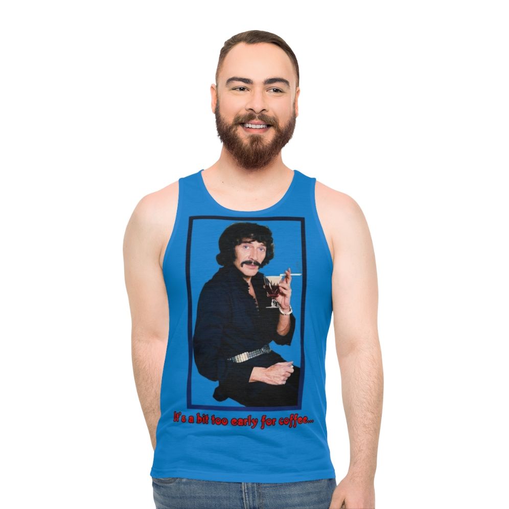 Unisex tank top with "Too Early for Coffee" graphic