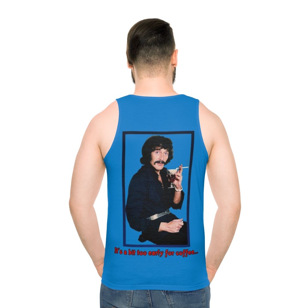 Unisex tank top with "Too Early for Coffee" graphic