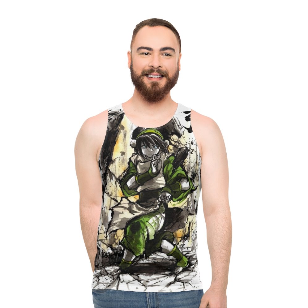 Toph from Avatar the Last Airbender depicted in sumi ink and watercolor art on a unisex tank top
