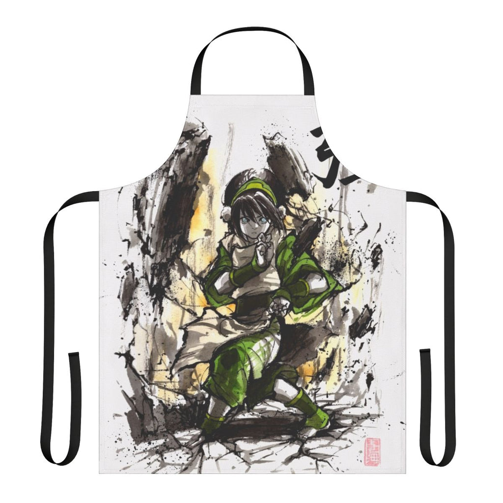 Toph-inspired artistic apron with sumi and watercolor artwork