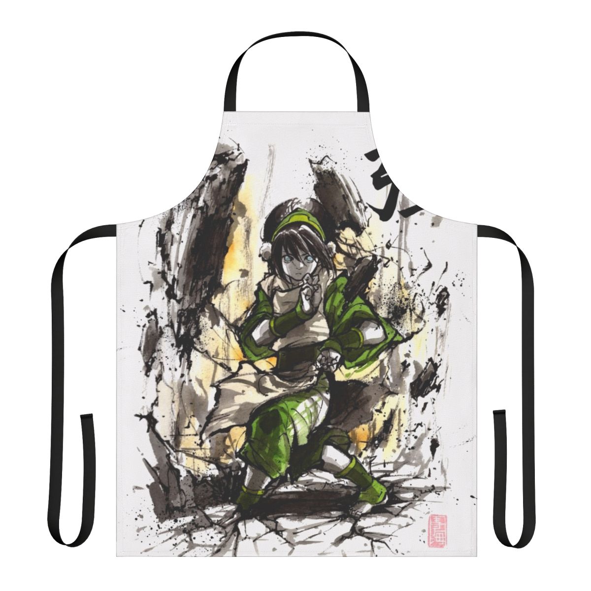 Toph-inspired artistic apron with sumi and watercolor artwork