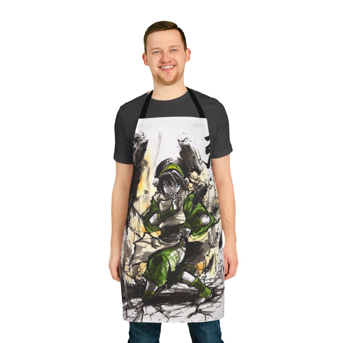 Toph-inspired artistic apron with sumi and watercolor artwork