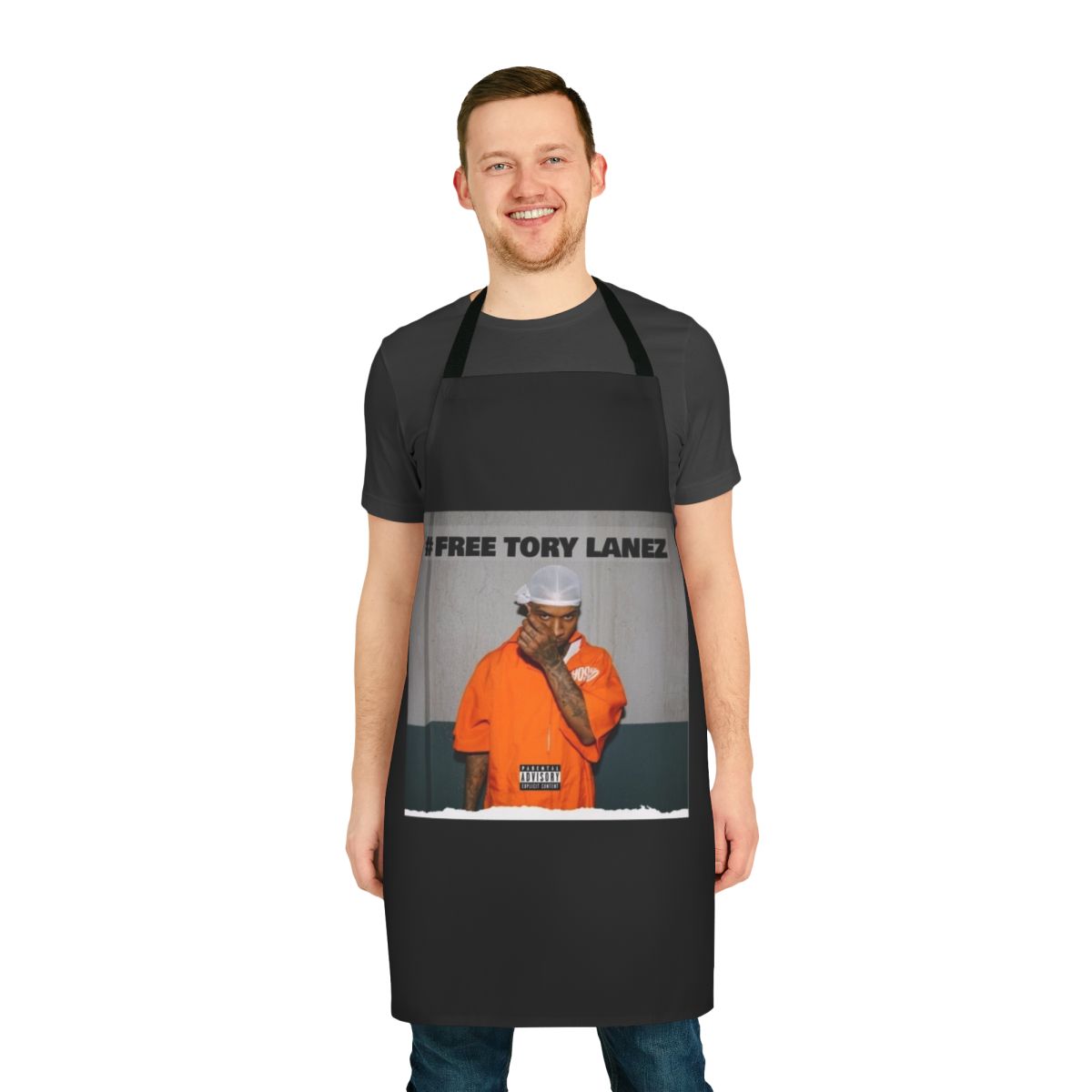 Tory Lanez-inspired apron featuring the artist's name and album art