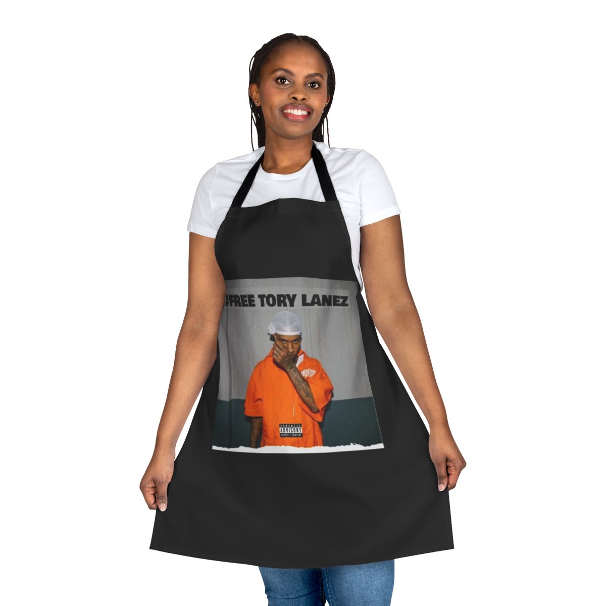 Tory Lanez-inspired apron featuring the artist's name and album art