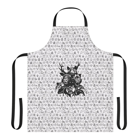 Close-up of an apron with totemic animal heads and ritual sigils, a visually striking design inspired by the game Inscryption.