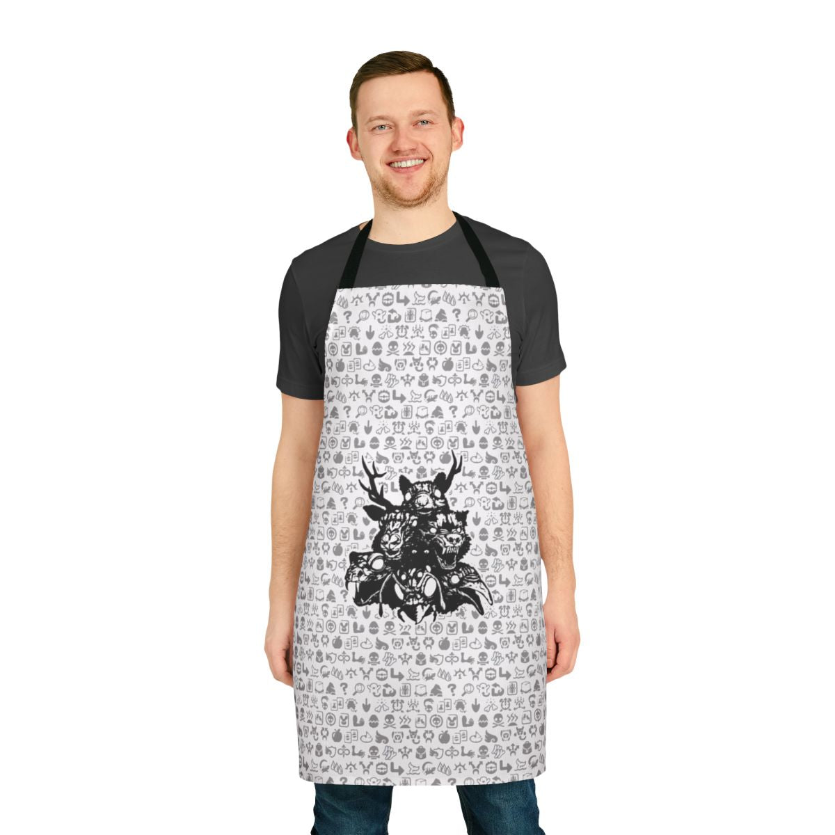Close-up of an apron with totemic animal heads and ritual sigils, a visually striking design inspired by the game Inscryption.