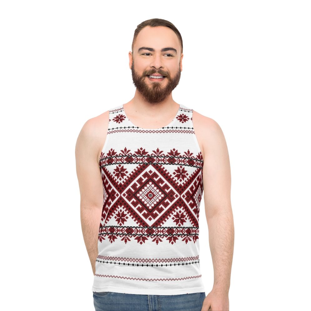 Unisex tank top with traditional Romanian geometric motif pattern